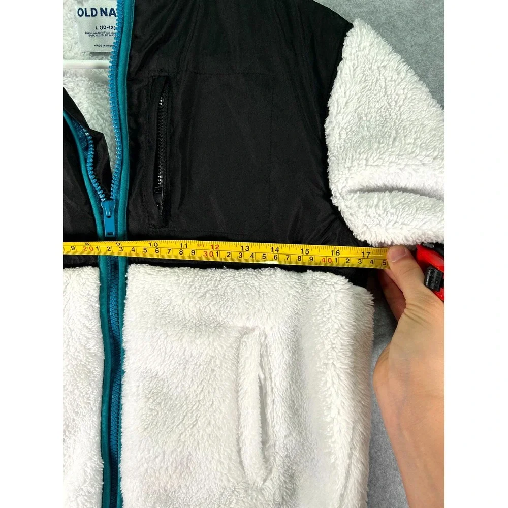 Old Navy Sherpa Jacket Boys L 10-12 White Black Hooded Cozy Warm Outdoor Winter